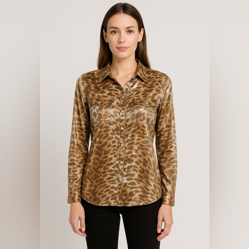 uby Rd Metallic Leopard Button Down Blouse Size 12 Long Sleeve Shimmer Top